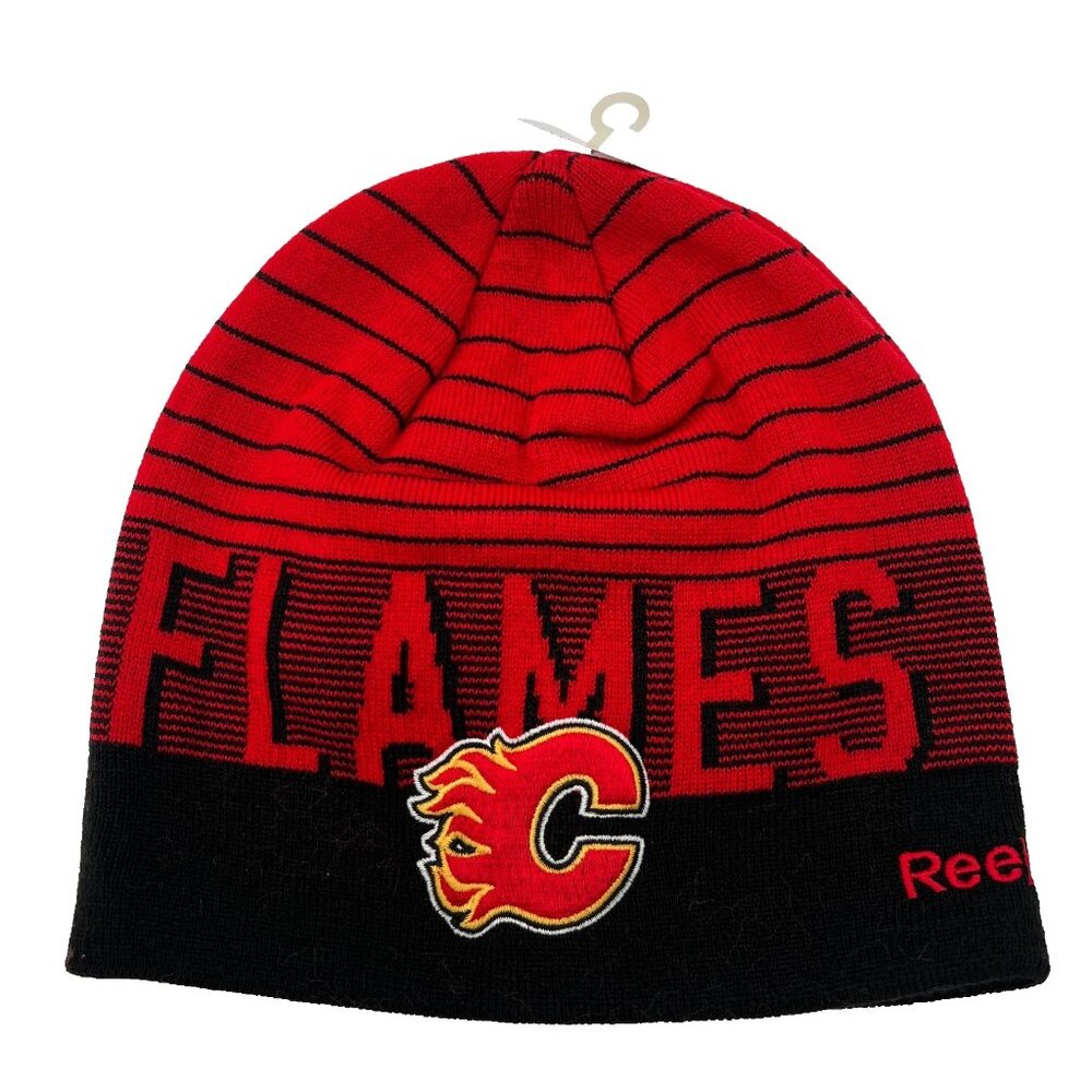 Reebok Unisex OSFA Red Striped‎ Acrylic Calgary Flames NHL Hockey Beanie Hat NWT